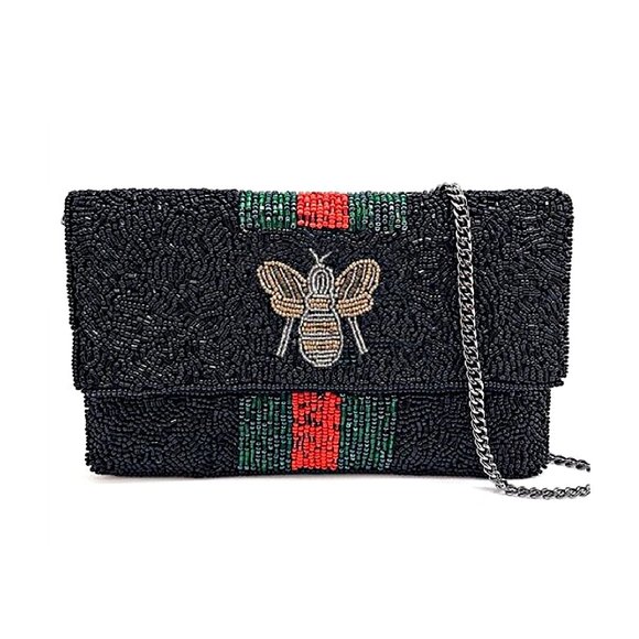 NEW NWT Bee Theme Iconic Italian Red Green Stripe Seed Beaded Crossbody Clutch - Picture 1 of 5